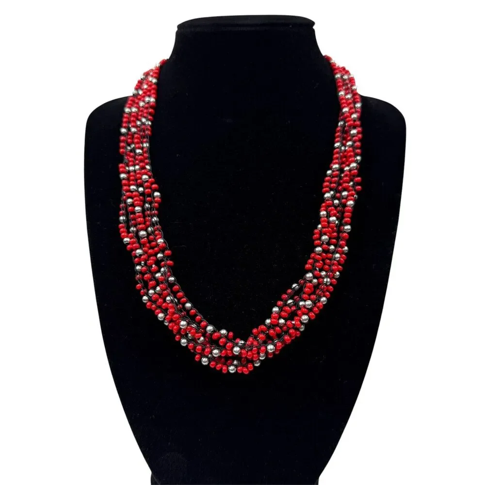 Multi-Strand Red & Silver Beaded Statement Necklace Fashion Jewelry 18